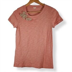J. Crew Rose Bead Embellished Short Sleeve Top Pink Size XS